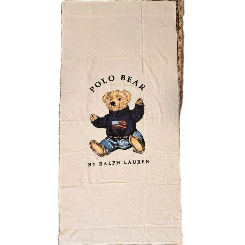 Vintage 90s Polo Bear by Ralph Lauren Flag Sweater Beach Towel USA White 35x66